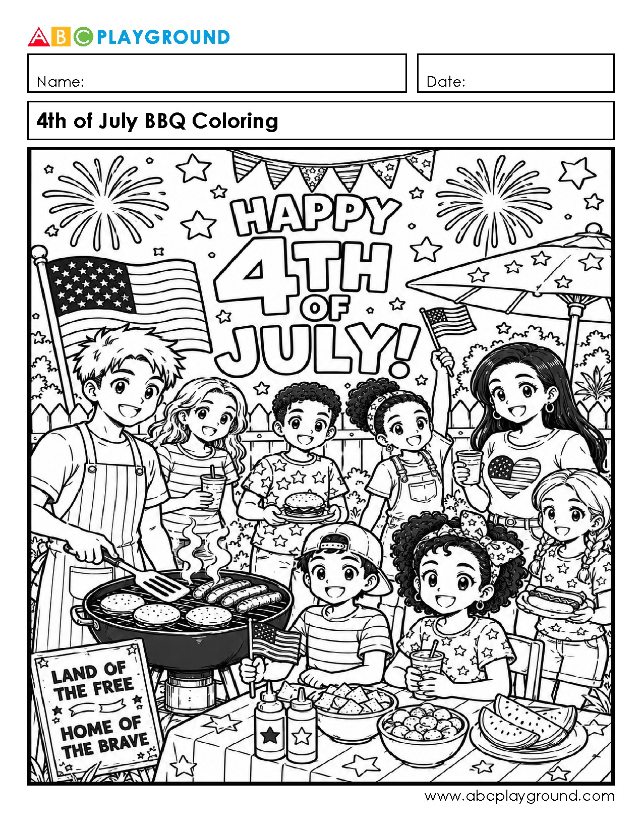 4th of July BBQ Themed Coloring Page for Kids